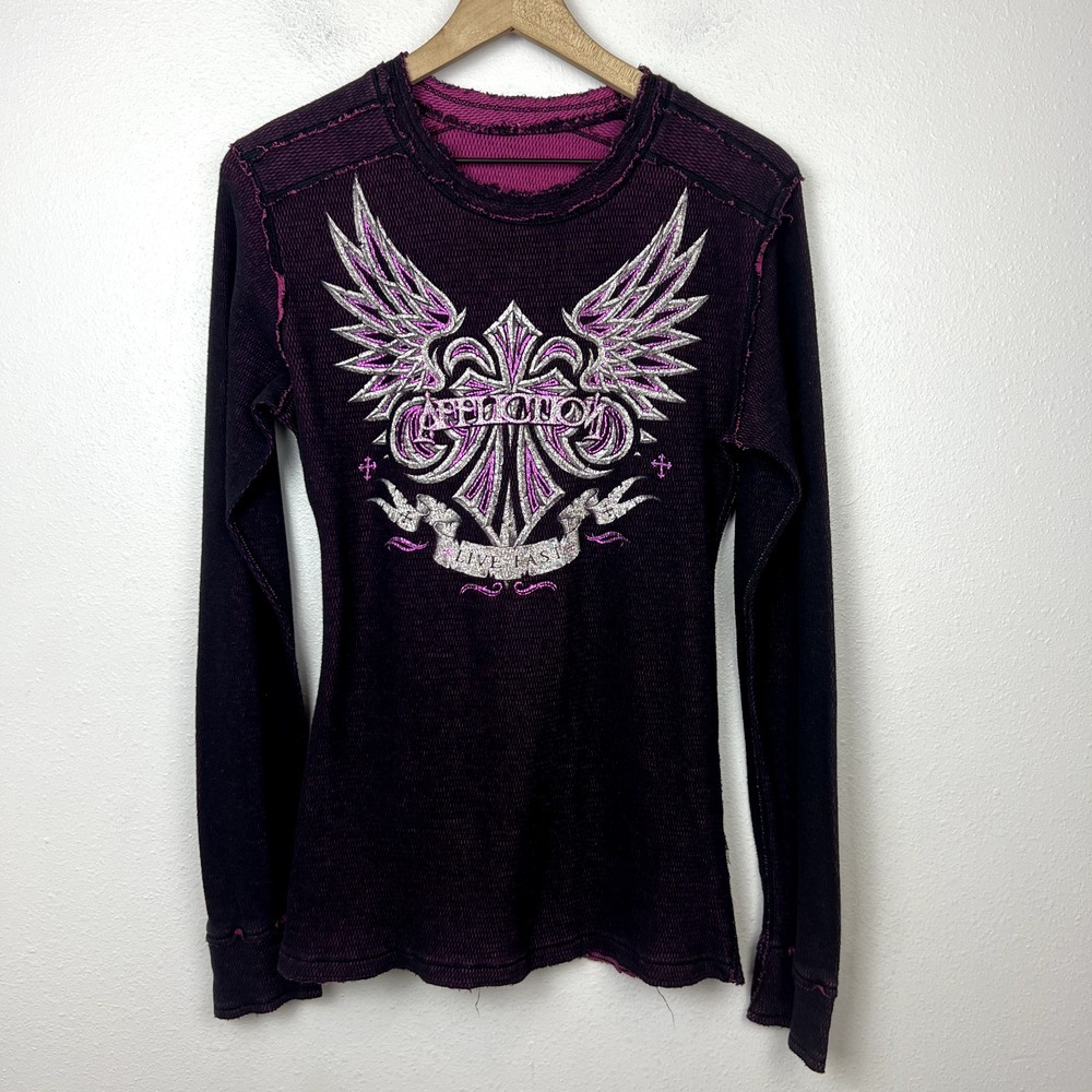 VTG Affliction Thermal Shirt Live Fast Long Sleeve Waffle Knit Reversible Size L